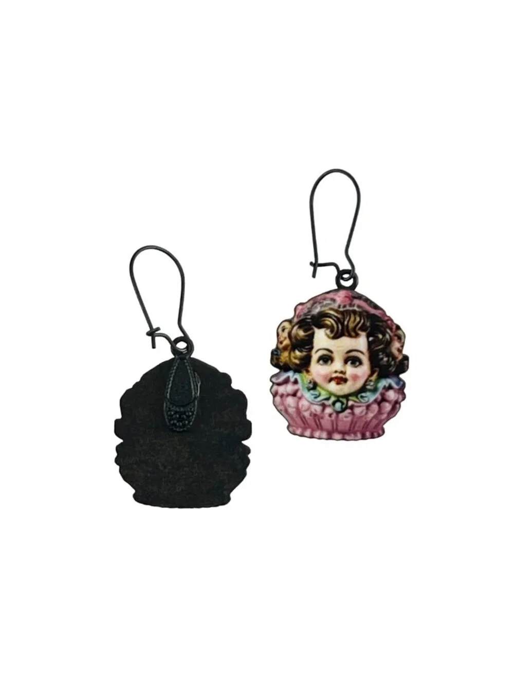 Vintage Inspired Victorian Cherub Doll Earrings — Black Kidney Wires